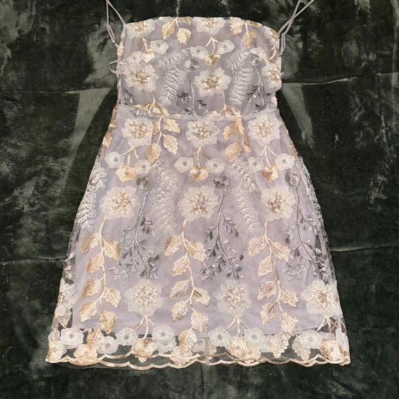 Lucy In The Sky Mini Dress Women's M Purple Gold Floral Mesh Overlay Coquette - Picture 8 of 8